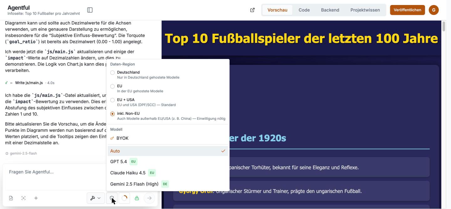 Der Daten-Region-Selector im Chat mit den Stufen Deutschland, EU und EU plus USA, darunter die Modellwahl