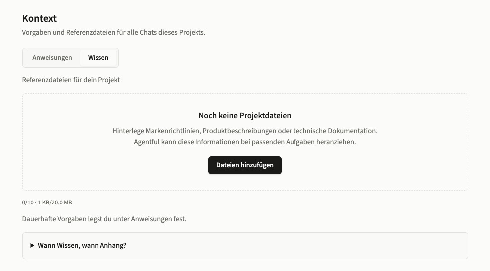 Wissen im Kontext-Tab mit Upload-Aktion, Kontingent und aufklappbarer Hilfe